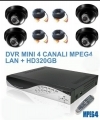 Kit DVR 4 ch MPEG4 LAN / USB + 4 ccd dome 3,6mm + 4 cavo 30mt