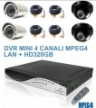 Kit DVR 4 ch MPEG4 LAN + 2 dome 3,6mm + 2 CCD 1/4 3,6mm+ 4 CAVI